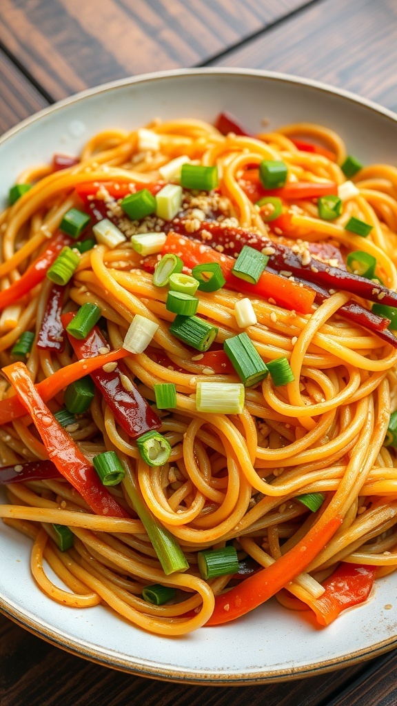 Stir-fried noodles with vegetables, garnished with green onions and sesame seeds on a wooden table.